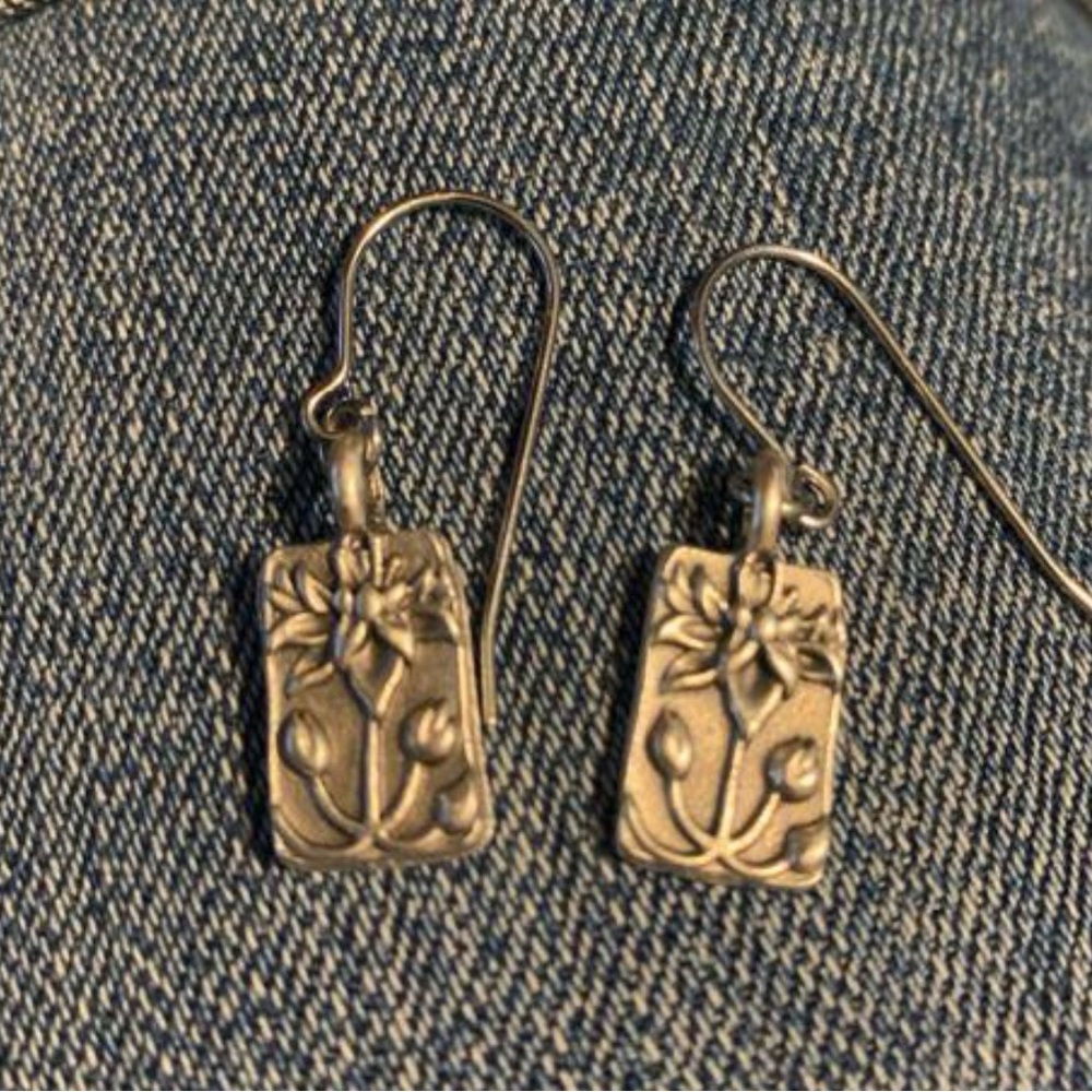 Silver Floral Rectangle Drop Earrings - Women Jewelry